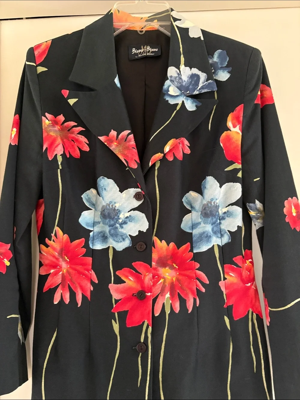 Bisou Bisou Women’s Black Blazer with Red & Blue Floral Print